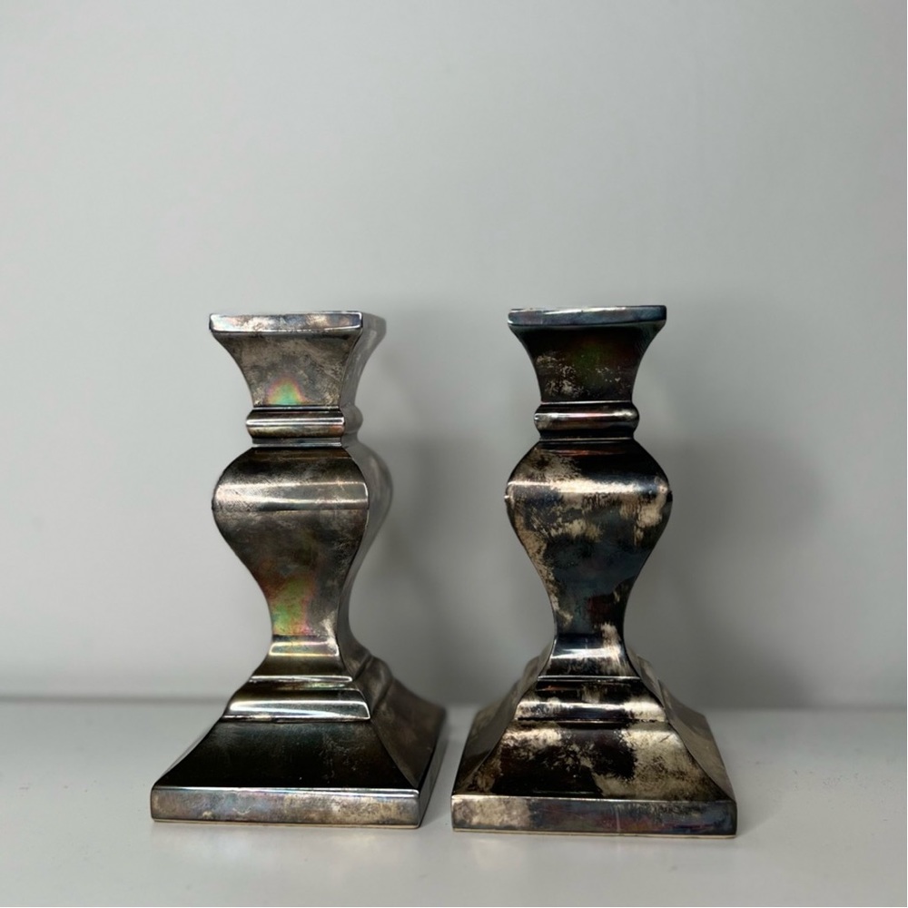 Antique Vintage Tarnished Silver Plated Brass Candle Holders - Pair of Two!